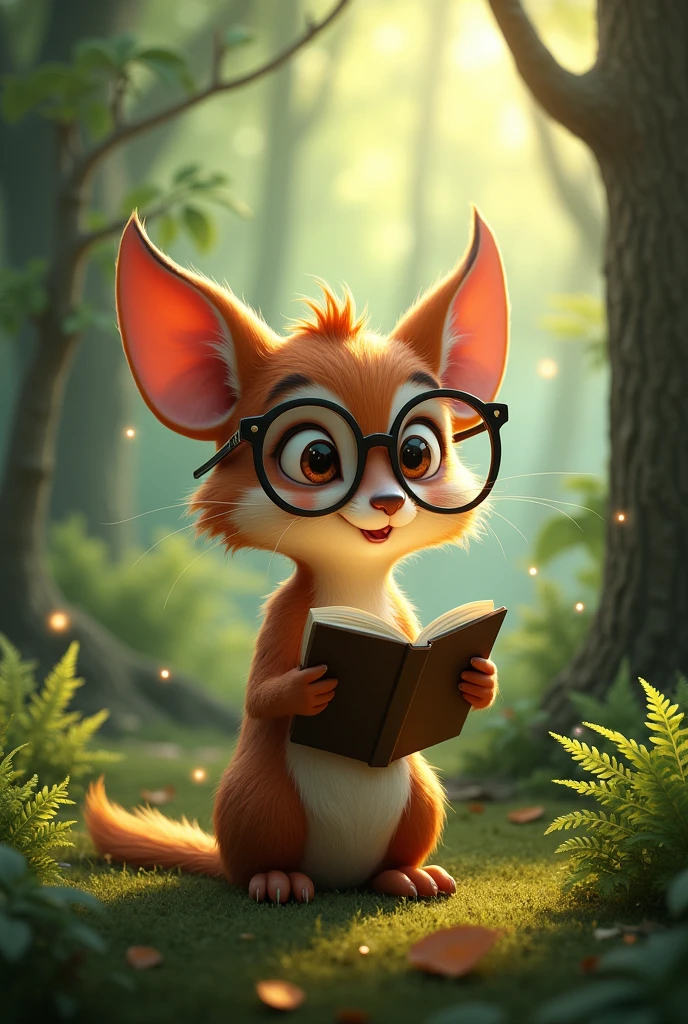 Un animal imaginaire avec des lunettes qui raconte une histoire dans une foret