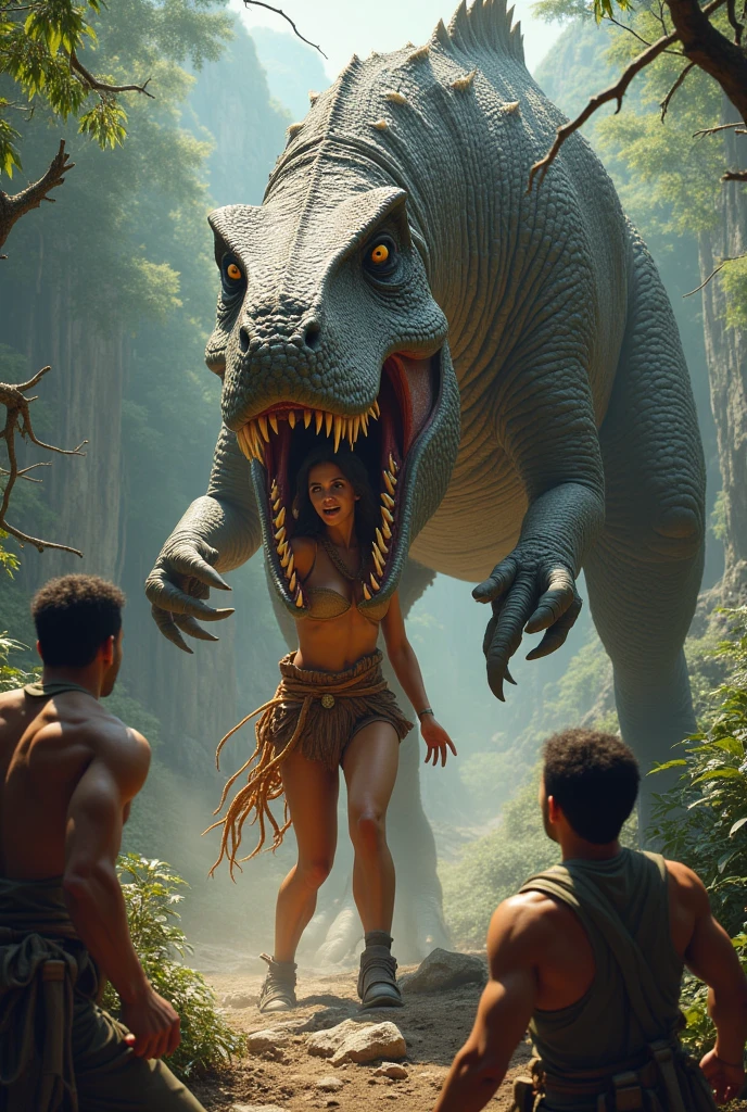 The Spinosaurus grabs the woman with its sharp claws and the men get scared