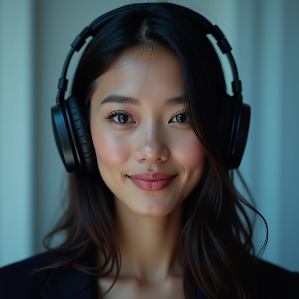 High-quality photograph of a profile avatar featuring a young woman wearing large over-ear headphones with a matte black finish. She has a light smile on her lips and a subtly seductive gaze, looking directly into the camera. Her smooth skin, with a slight blush on her cheeks, is softly illuminated by a neutral white light that enhances her features and separates her face from the softly blurred, cool blue background. Her lips are slightly parted, adding to her serene expression. Her long, dark hair falls naturally around her face, with a few loose strands framing her features, further accentuating the intimate and personal feel of the avatar.