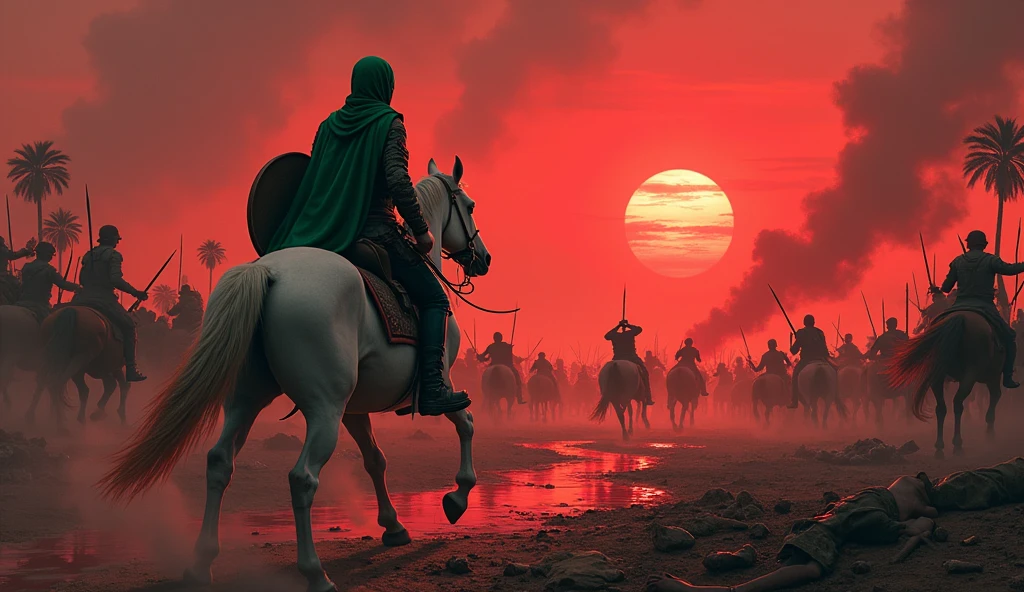 bloody sky, sun set, arrow everywhere, burning tents, date trees, blood everywhere, bloody swords, army with swords, knife, sheilds, and fire woods in his hand, a white wounded horse, a without hand men which wear green hijab and proper fighting suit, heavy smoke, a bloody river