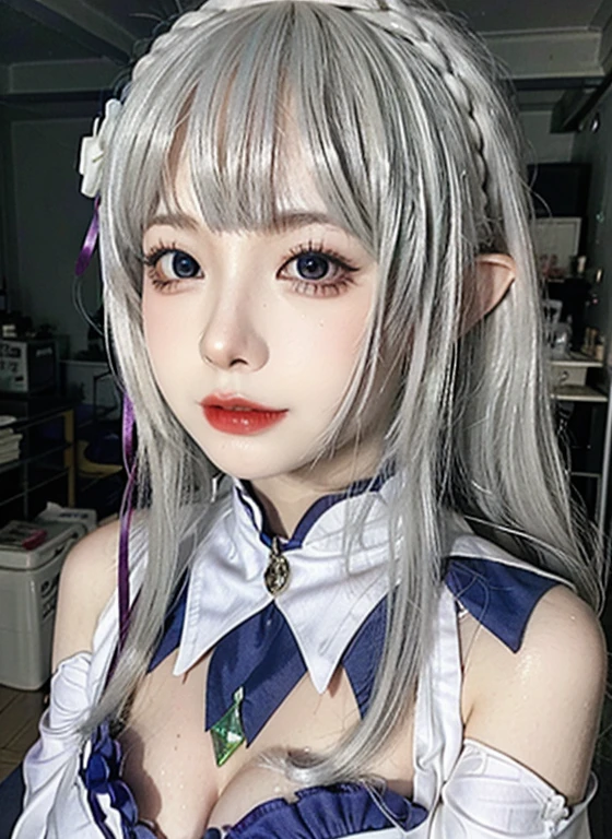 ulzzang-6500-v1.1,(raw photo:1.2),((photorealistic:1.4))best quality ,masterpiece, illustration, an extremely delicate and beautiful, extremely detailed ,CG ,unity ,8k wallpaper, finely detail, best quality,extremely detailed CG unity 8k wallpaper,absurdres, incredibly absurdres, big breats,sexy body,huge filesize, ultra-detailed, highres, extremely detailed,beautiful detailed girl, extremely detailed eyes and face, beautiful detailed eyes,light on face,cinematic lighting,1girl,(full body),(full-body shot),looking at viewer,outdoors, silver_hair, pointy_ears, purple_eyes, hair_ornament, hair_ribbon, lips