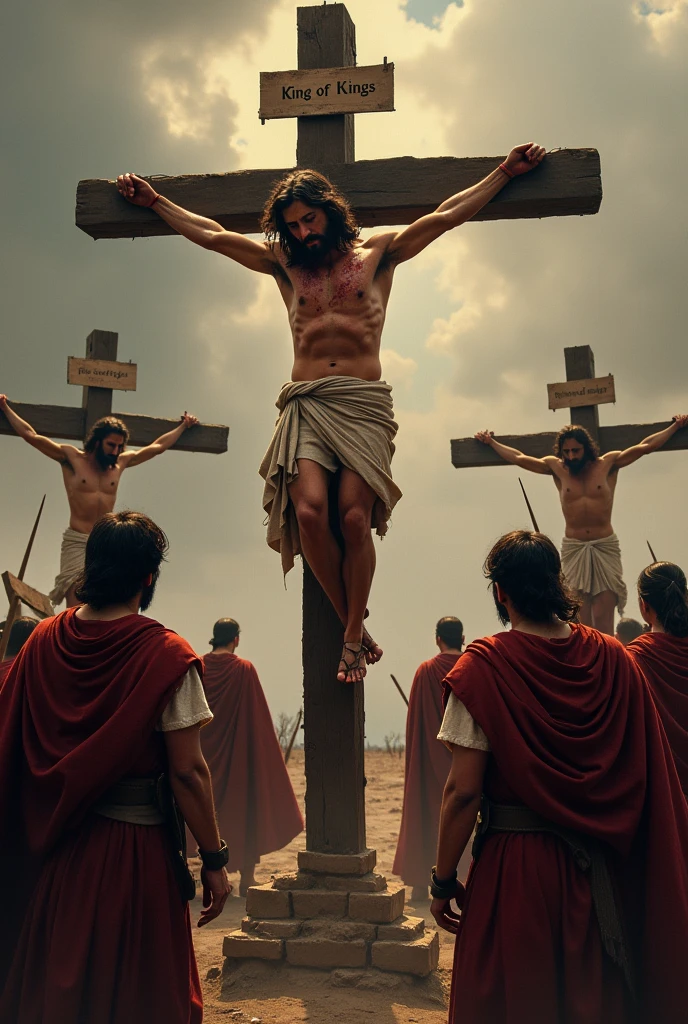 Three crosses, the one in the middle is Jesus with a sign saying King of Kings and he is nailed to the cross covered in blood, with several Roman soldiers looking on..