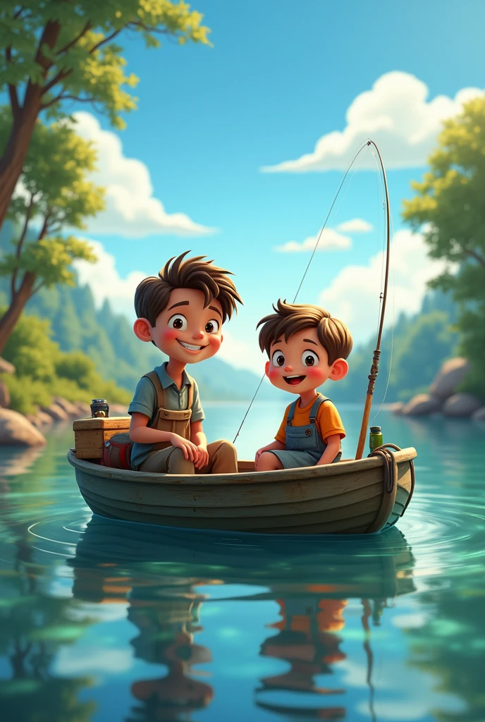 A boy and his father fishing in a boat on a lake.cheered up
