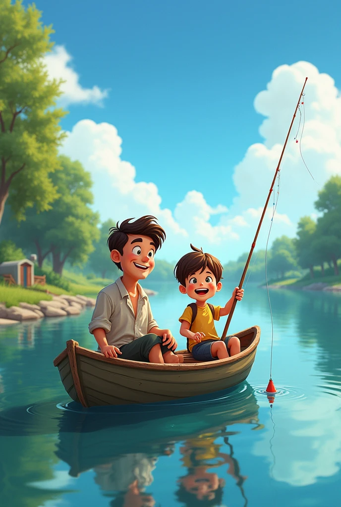A boy and his father fishing in a boat on a lake.cheered up