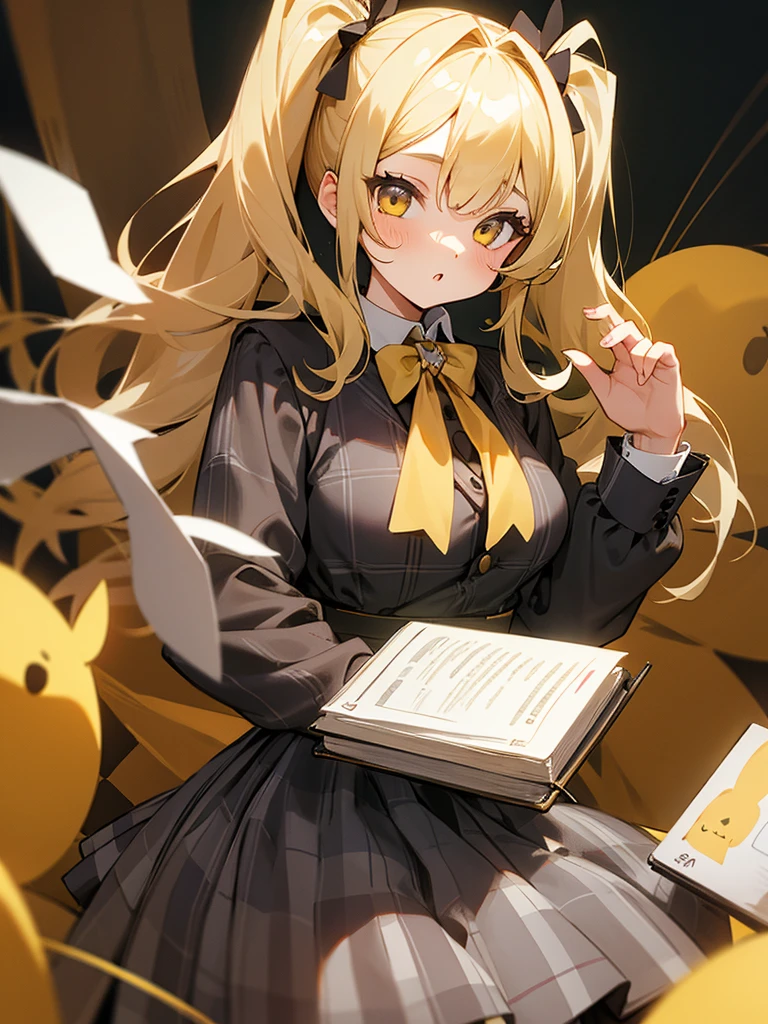 Girl with pigtails in her blonde hair and yellow eyes,marela checkered skirt, formal blouse
, notebook in hand with rabbit cover