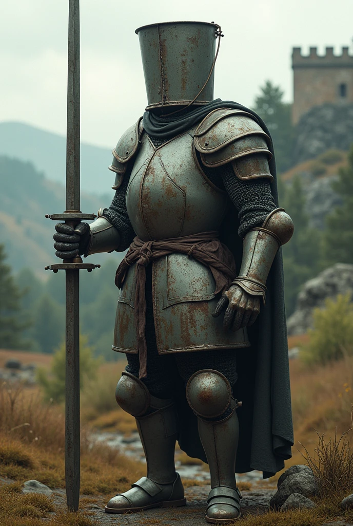 A knight wearing a metal bucket instead of a helmet、Large sword
