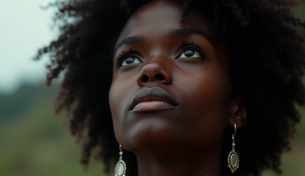 A real image of unhappy beautiful woman from Africa facing in the sky wondering and scared about the future