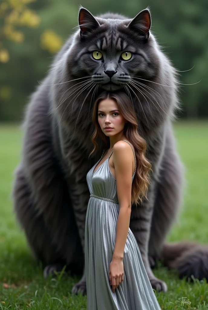 Realistic portrait of a beautiful girl, wearing a silver dress, standing outdoors in the grass, surrounded by a huge super tall black and gray Maine Coon cat, (Best Quality, 4K, 8K, HD, Masterpiece: 1.2), Ultra detailed, (Realistic, Photorealistic, Photorealistic: 1.37), Extremely detailed CG, 1 girl, Beautiful detailed eyes, Beautiful detailed lips, Extremely detailed eyes and face with Long Eyelashes, Vibrant Colors, Studio Lighting, Physically Based Rendering, Professional Grade