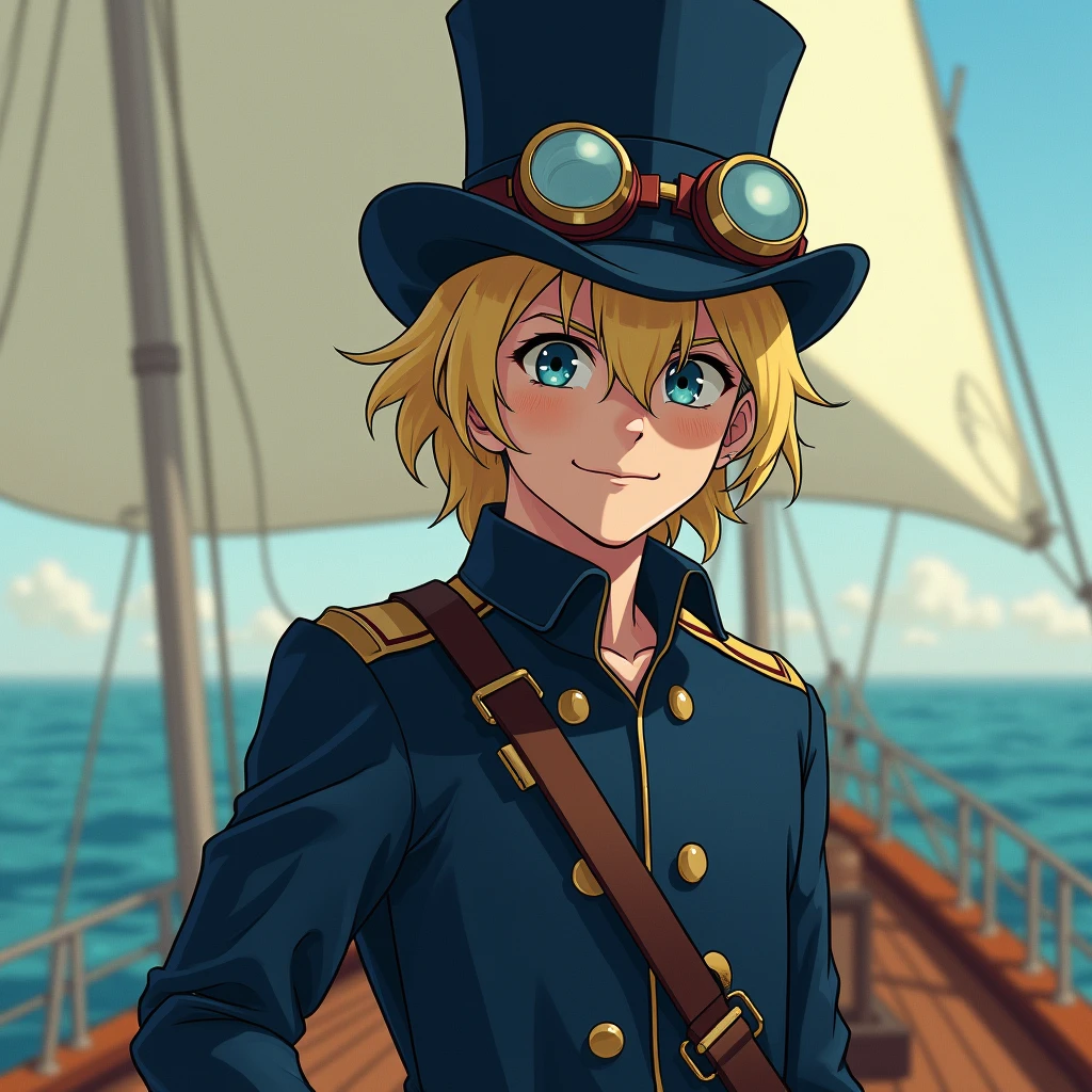 White male、Mishii Youth、blonde、semi-long、hopeful、Brave、(((Old burn scar around left eye)))、Top hats and goggles、Navy Costume、Jacket、On the boat、Genuine、Genuineistic、Live Action、High resolution、Visual realism, Surrealism, Fujicolor, movie,