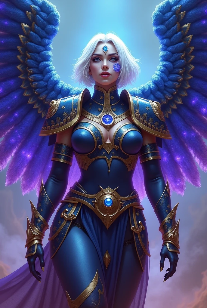 , space marine, Warhammer 40K, Big woman, servant of the tyrant, eye in armor decoration, Egyptian decoration, purple and blue gradient, short white hair, additional eye on cheek with blue glitter, big wings, blue wings with purple sparkles, from head to toe
