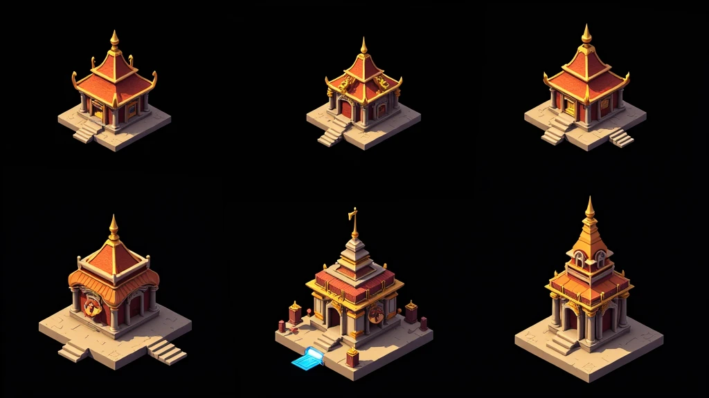 a close up of several different temples, detailed temples, small temples, Temples and temple details, isometric temples, prerendered isometric graphics, stylized temples, game assets, isometric game feature, large temples, Isometric views, temple background, isometric game art, detailed temples, isometric view of a temple, 3D Renderings