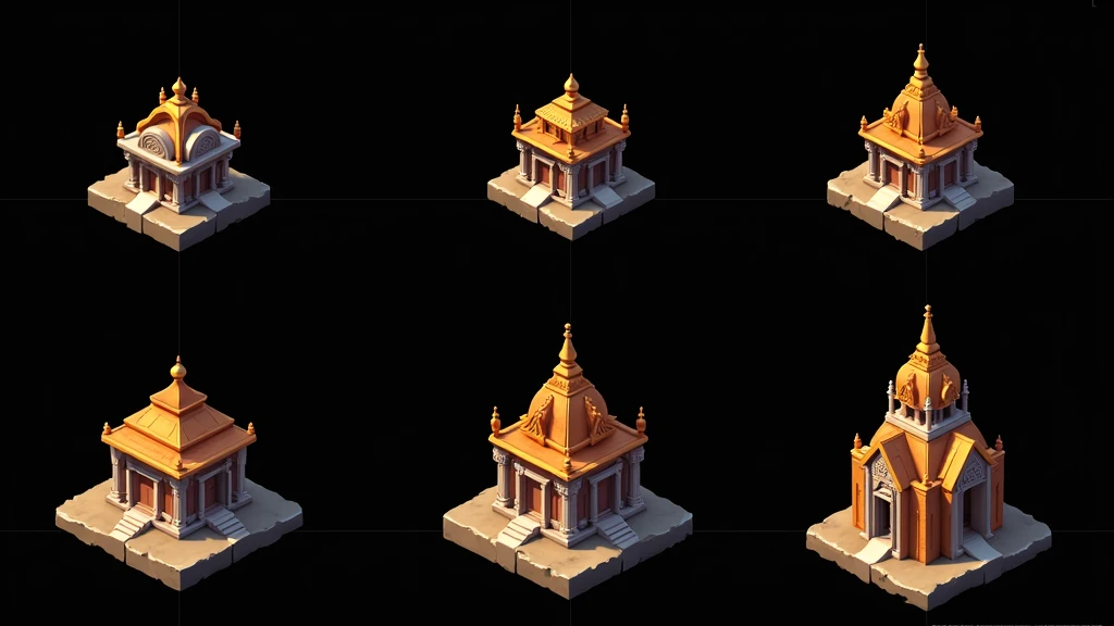 a close up of several different temples, detailed temples, small temples, Temples and temple details, isometric temples, prerendered isometric graphics, stylized temples, game assets, isometric game feature, large temples, Isometric views, temple background, isometric game art, detailed temples, isometric view of a temple, 3D Renderings