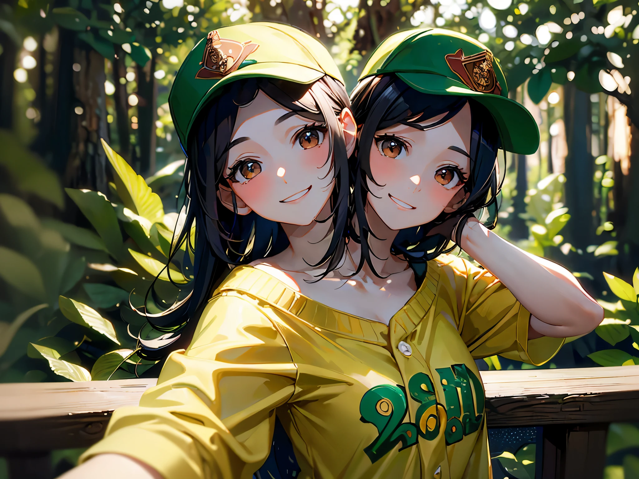 (masterpiece, best quality), best resolution, (2heads:1.5), 1girl, close up, selfie, right head is wearing a baseball cap, black hair, brown eyes, smiling, silly, standing in front of a huge tree in a redwood forest