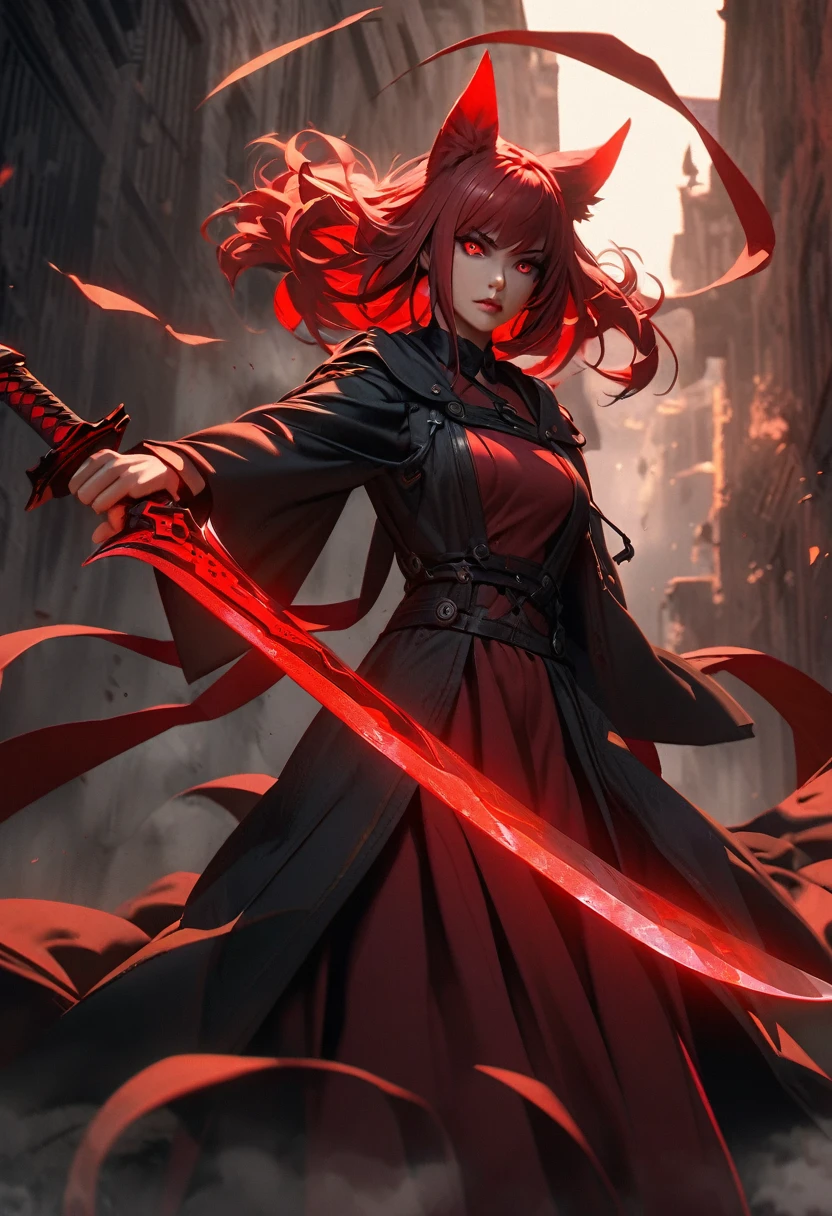 "A 1 with nine tails on her back and fox ears, wearing a modest red dress that flows elegantly and a black overcoat. She has red hair, a serious and determined expression, and is holding a sword in one hand. A black hooded figure stands nearby, adding to the mysterious atmosphere. Red energy surrounds her, accentuating her beautiful, detailed eyes and lips. Her face and features are extremely detailed, with a focus on photorealism. The scene is set in a dark, mysterious setting with dimly lit streets and fog, inspired by the style of Van Helsing. The background features cinematic, dramatic lighting with long shadows, creating a moody and thrilling atmosphere. The colors are rich and vibrant, with a dark, moody color palette, and the overall image captures the essence of a fierce and skilled huntress in action, rendered in 8k resolution with ultra-detailed, physically-based rendering."