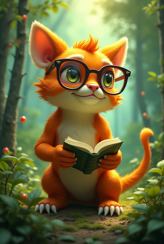 Un animal feroce et gentil imaginaire orange et vert avec des lunettes qui raconte une histoire dans une foret