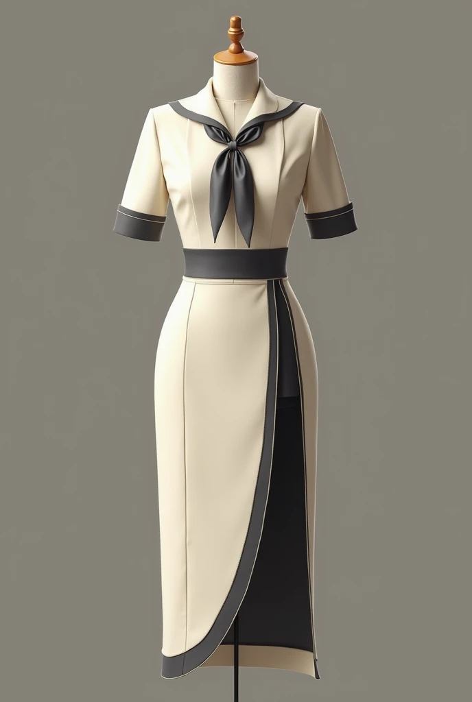 E's flight attendant uniform has no collar, short sleeves, emphasizes the waist, simple and elegant, has a cherry love, a dagger-shaped skirt, a back slit, cream color, contrasting with dark gray, has a neckerchief, Thai Lanna pattern skin acne, the outfit also has a little Lanna Thai pattern inserted, the neckerchief has Thai Lanna pattern, emphasizes the waist to have a style that has a pattern, emphasizes the waist to have a style that has a pattern, makes the waist look beautiful, V-neck shirt, no pommel, scarf tied separately at the neck like a woman's figure.