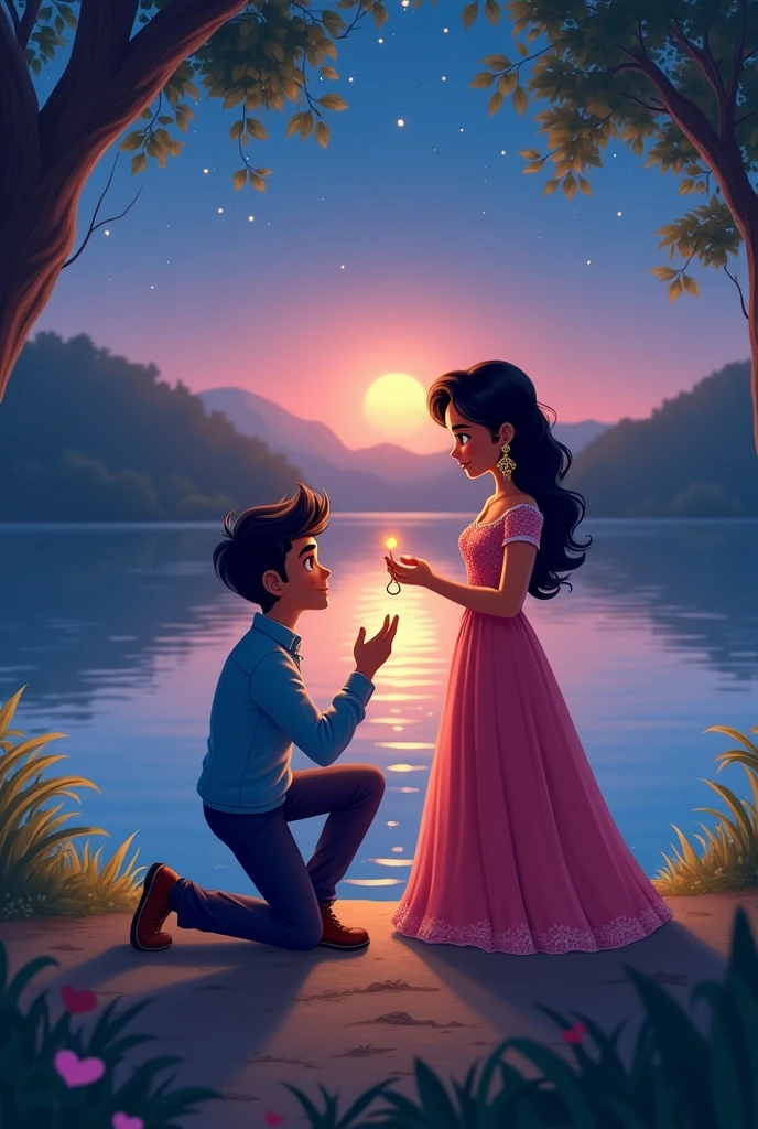 Create a Indian cartoon charcter of couple  A serene lakeside setting during twilight, with the boy down on one knee holding a ring, proposing to the girl. She is surprised and emotional, dressed in an elegant gown, while he is in a smart casual outfit. The lake reflects the starlit sky, adding to the romantic