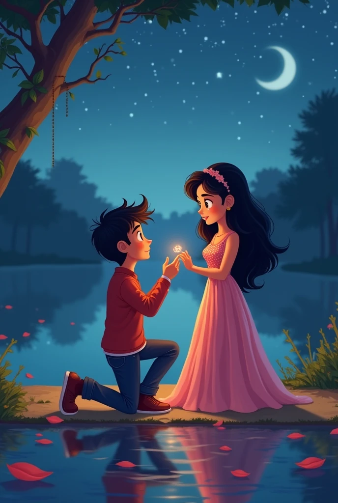 Create a Indian cartoon charcter of couple A serene lakeside setting during twilight, with the boy down on one knee holding a ring, proposing to the girl. She is surprised and emotional, dressed in an elegant gown, while he is in a smart casual outfit. The lake reflects the starlit sky, adding to the romantic