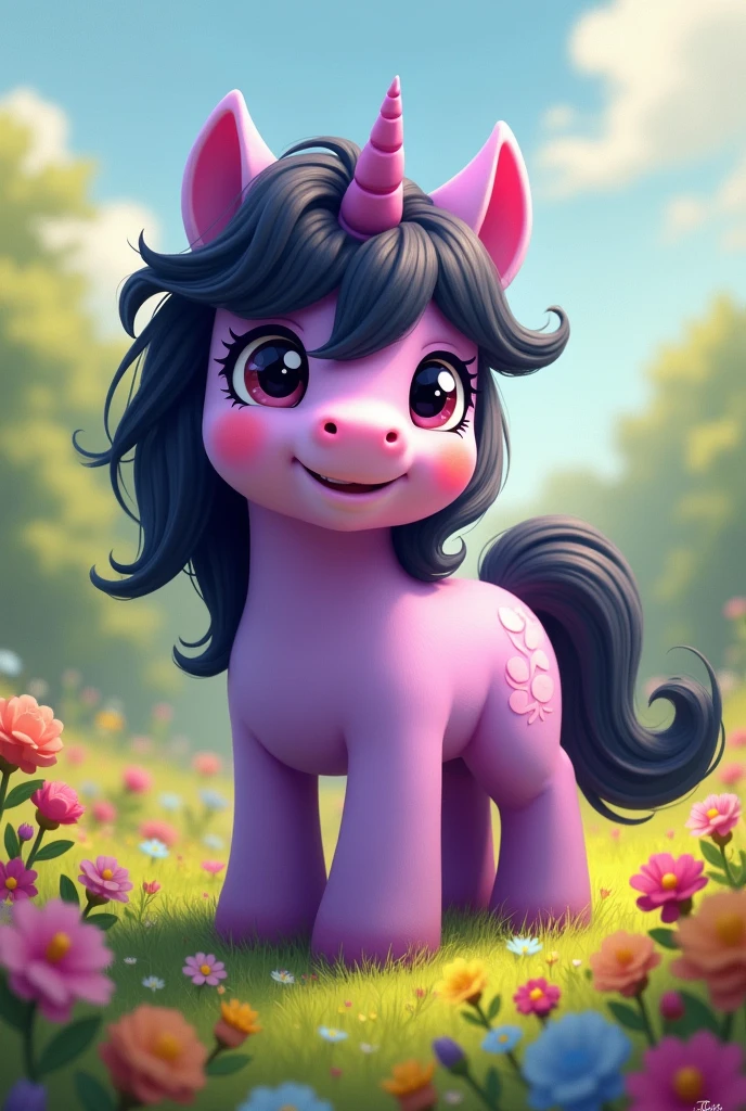 Pony color lila, chinese black hair, and chubby but strong legs, in a field of colorful flowers
