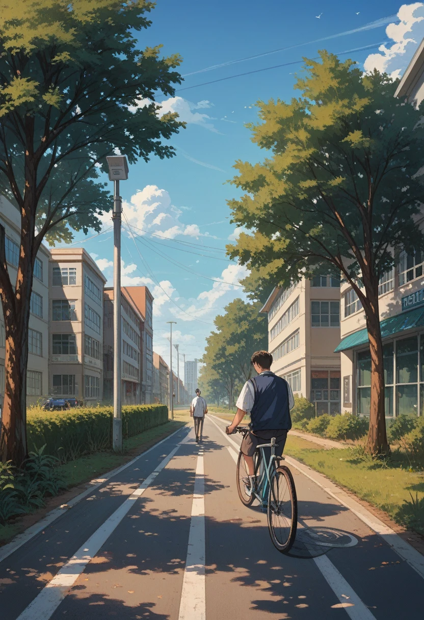 Two boys going to school, with their bicycle outside of school, school building 4 floor building,crs parked outside,trees outside the building and a highway near school, crowded road,4k hd wallpaper, enhanced quality