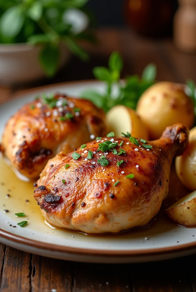 Whole chicken thigh with baked potatoes