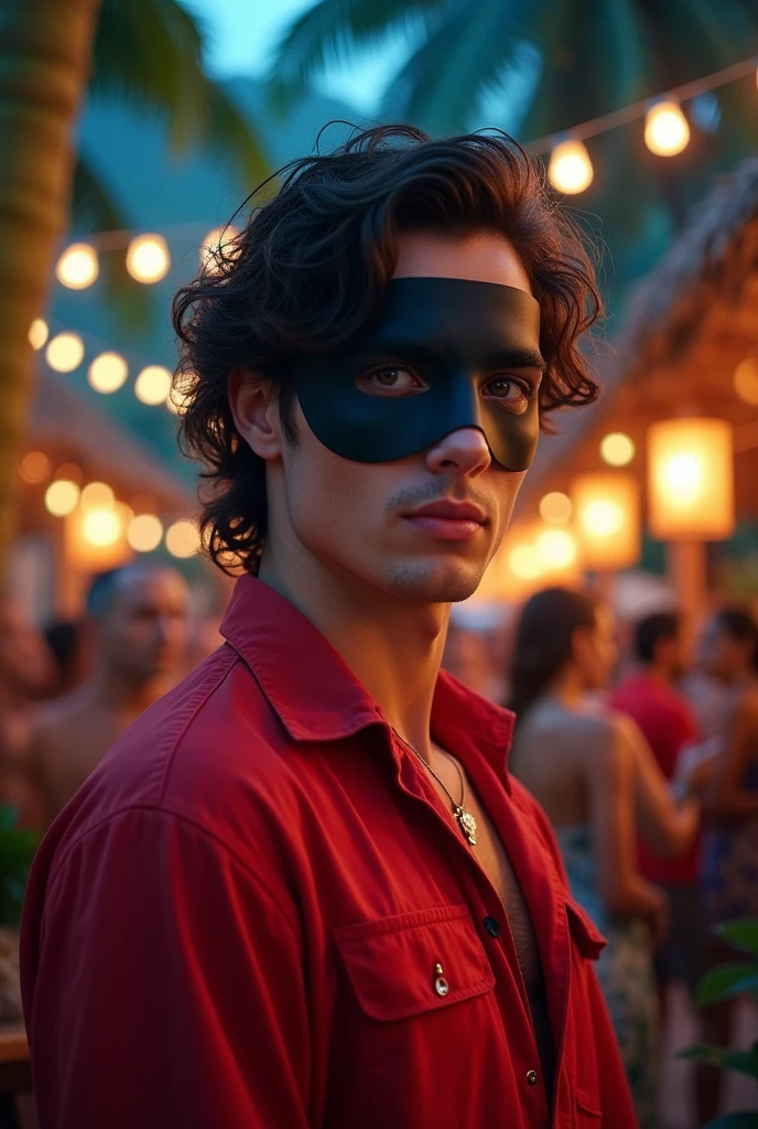 Man resembling Temothe Chalamet with wavy hair wearing a black mask on the upper part of his face and red clothes at a luau party at night