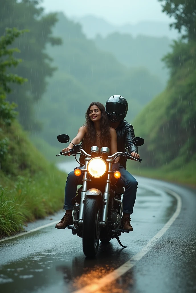  Girlfriend boyfriend motorcycle ride with helmet in rain and nature romantic