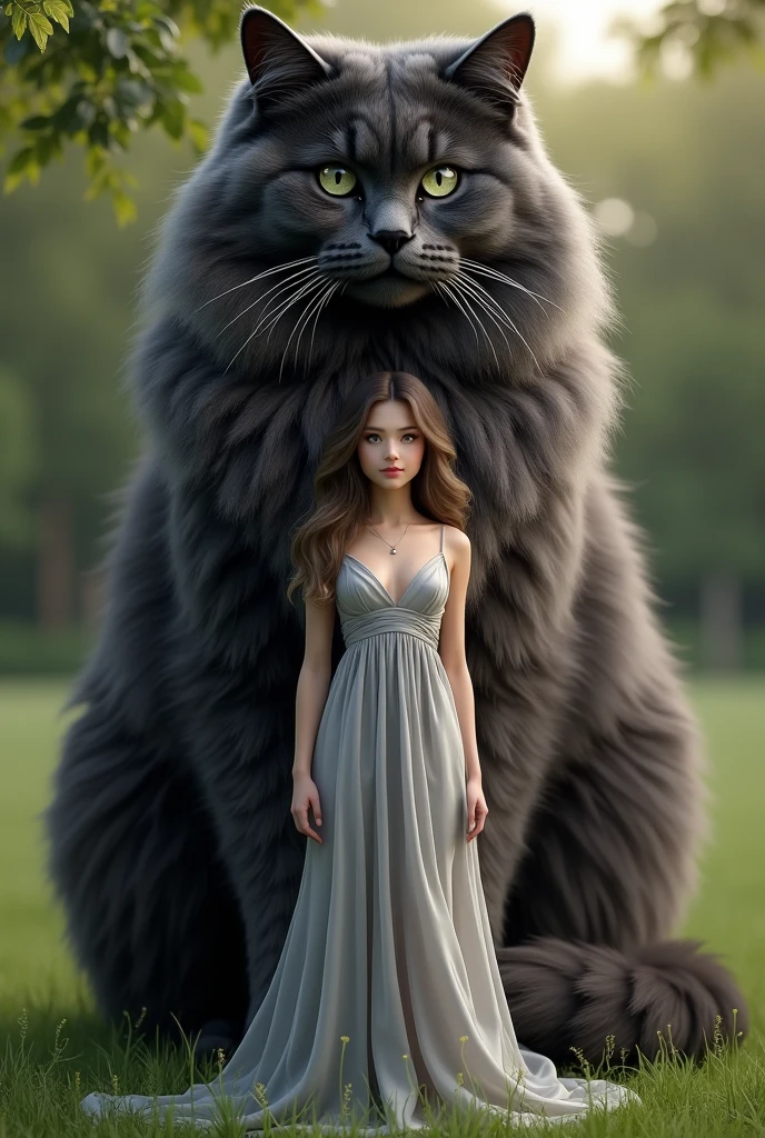 Realistic portrait of a beautiful girl, wearing a silver dress, standing outdoors in the grass, surrounded by a huge super tall black and gray Maine Coon cat, (Best Quality, 4K, 8K, HD, Masterpiece: 1.2), Ultra detailed, (Realistic, Photorealistic, Photorealistic: 1.37), Extremely detailed CG, 1 girl, Beautiful detailed eyes, Beautiful detailed lips, Extremely detailed eyes and face with Long Eyelashes, Vibrant Colors, Studio Lighting, Physically Based Rendering, Professional Grade