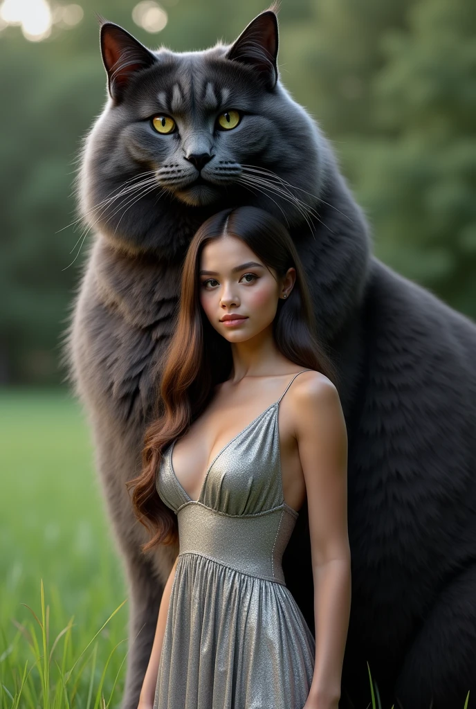 Realistic portrait of a beautiful girl, wearing a silver dress, standing outdoors in the grass, surrounded by a huge super tall black and gray Maine Coon cat, (Best Quality, 4K, 8K, HD, Masterpiece: 1.2), Ultra detailed, (Realistic, Photorealistic, Photorealistic: 1.37), Extremely detailed CG, 1 girl, Beautiful detailed eyes, Beautiful detailed lips, Extremely detailed eyes and face with Long Eyelashes, Vibrant Colors, Studio Lighting, Physically Based Rendering, Professional Grade