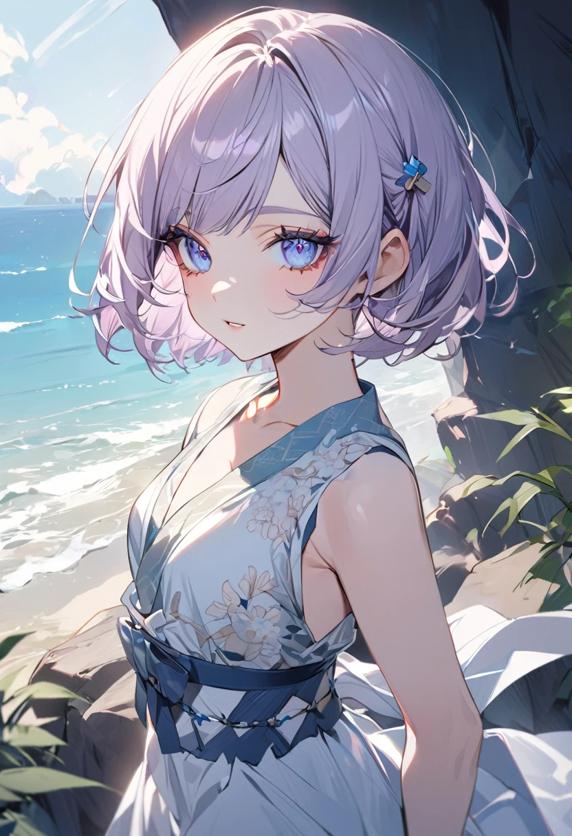 ((best quality)), ((Masterpiece)), (details), 1 woman, small breasts, light purple hair, blue eyes, ((short hair)), Bangs , beautiful face, Beautiful skin, Long eyelashes, Thick eyelashes, Sea cave, The light is shining in., Hanfu, ancient chinese dress, Hair pins, hair accessories