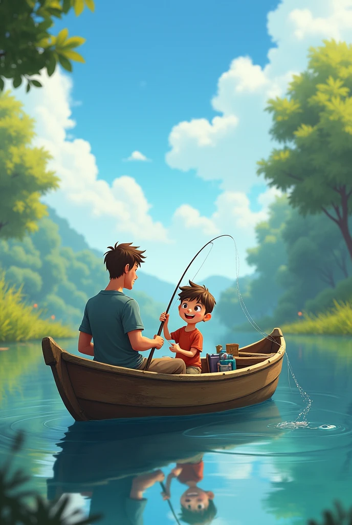 A boy and his father fishing in a boat on a lake.cheered up
