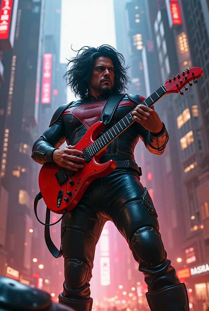 Jack Black being a superhero playing guitar in a skyscraper in a cyberpunk city