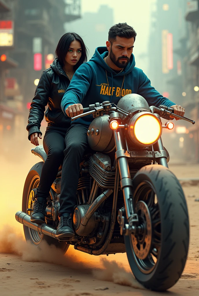 cyberpunk motorcycle written half blood detailed, futuristic motorcycle, walking on the road, motorcycle from behind, 2 person on a motorcycle, details Intricate, high resolution, 8k, fotorRealista, hyper detailled, cinematic lighting, dynamic motion blur, sandy urban environment, neon lights, brilliant cybernetic elements, chrome accents, Worn texture, mecha inspired design, complex machinery, Industrial urban landscape, Changing the color palette, (best qualityer,4K,8k,high resolution,work of art:1.2),ultra detaild,sharp focus,(Realist,FotorRealista,FotorRealista:1.37), extremely fine,details Intricate,intense lighting,dramatic lighting,Lighting change,cinematic lighting,chiaroscuro lighting,dramatic shadows,Dramatic moments,bright coloured,intense colors,deep contrast,Cinematic depth of field,film composition,Cinematic Camera Angle ,Youngh,grown-up,comely,short straight black hair, Cao Cao,offwhite,German, greeneyes,beard made, athletic body,short hair kissing face of a beautiful young adult woman,white German, greeneyes,very straight black hair,amarrado pra cima em coque Cao Cao,red lipgloss stick,illuminated nose,wearing a black jacket with half blood written on it,with black pants In action poses ,dynamics , beautiful young white adult, greeneyes, red lipgloss stick, well made up, long and very straight hair,faça o cabelo dela em coque muito Cao Cao pretos, wearing gold accessories, thin gold necklace ,wearing a blue sweatshirt with half blood written in gold
