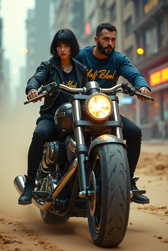 cyberpunk motorcycle written half blood detailed, futuristic motorcycle, walking on the road, motorcycle from behind, 2 person on a motorcycle, details Intricate, high resolution, 8k, fotorRealista, hyper detailled, cinematic lighting, dynamic motion blur, sandy urban environment, neon lights, brilliant cybernetic elements, chrome accents, Worn texture, mecha inspired design, complex machinery, Industrial urban landscape, Changing the color palette, (best qualityer,4K,8k,high resolution,work of art:1.2),ultra detaild,sharp focus,(Realist,FotorRealista,FotorRealista:1.37), extremely fine,details Intricate,intense lighting,dramatic lighting,Lighting change,cinematic lighting,chiaroscuro lighting,dramatic shadows,Dramatic moments,bright coloured,intense colors,deep contrast,Cinematic depth of field,film composition,Cinematic Camera Angle ,Youngh,grown-up,comely,short straight black hair, Cao Cao,offwhite,German, greeneyes,beard made, athletic body,short hair kissing face of a beautiful young adult woman,white German, greeneyes,very straight black hair,amarrado pra cima em coque Cao Cao,red lipgloss stick,illuminated nose,wearing a black jacket with half blood written on it,with black pants In action poses ,dynamics , beautiful young white adult, greeneyes, red lipgloss stick, well made up, long and very straight hair,faça o cabelo dela em coque muito Cao Cao pretos, wearing gold accessories, thin gold necklace ,wearing a blue sweatshirt with half blood written in gold