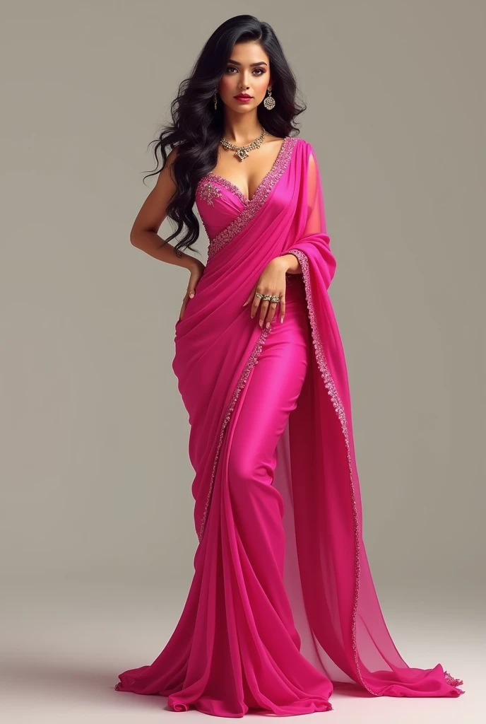 A lady with figure of 38-24-36 wearing pink saree sleevless blouse , long hair, showing west