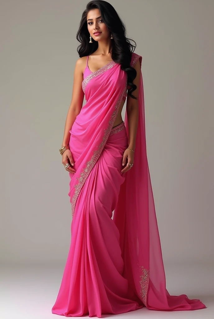 A lady with figure of 38-24-36 wearing pink saree sleevless blouse , long hair, showing west