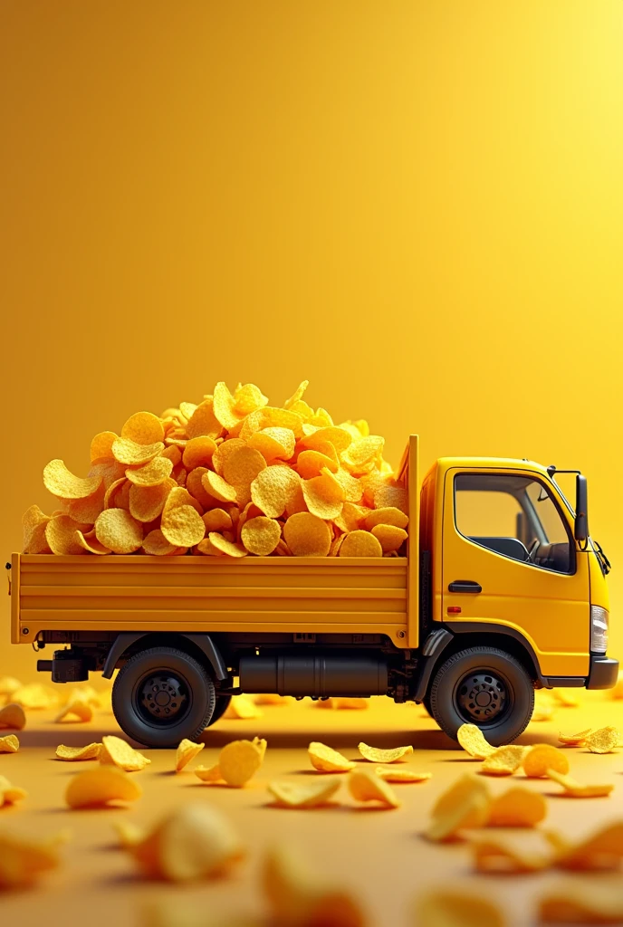 Yellow Potato Chips are coming out from truck which is full from yellow colour chips packet without logo( truck should be from side angle and show full truck image
