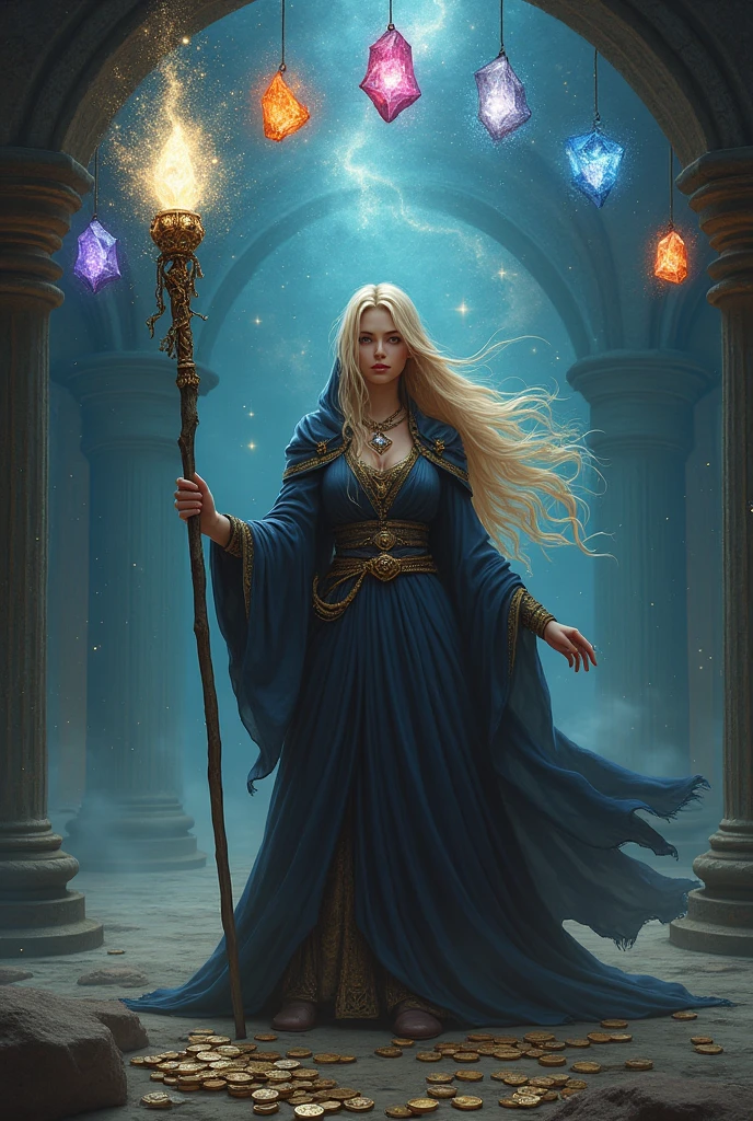 A beautiful witch with blonde hair wearing a hooded tunic dress with a staff with a white stone on top of the staff in her left hand full of coins on the floor she is in a magical room full of stars and 7 colored stones above her head