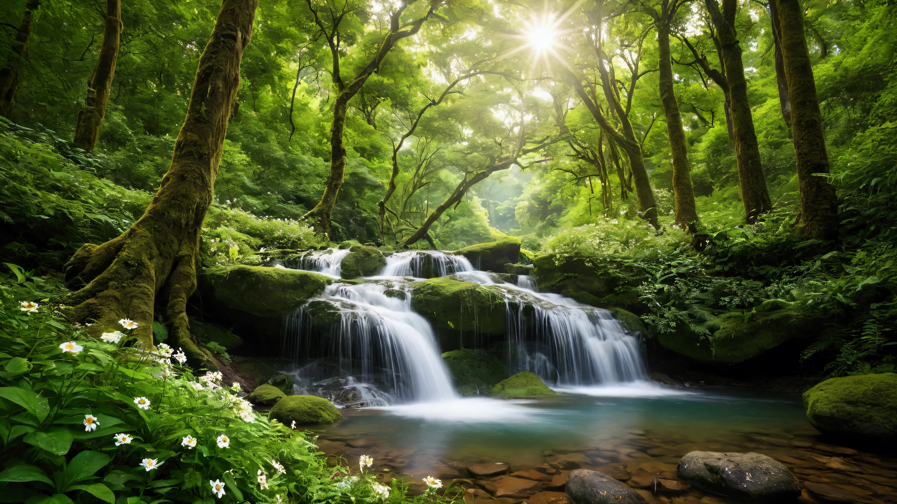 A tranquil, high-resolution image capturing the serene experience of being deep in a lush green forest. Towering emerald trees stretch towards the sky, their dense foliage creating a natural canopy. Sunlight filters through the leaves, casting dappled patterns on the forest floor. Through the gaps in the trees, a clear blue sky with fluffy white clouds is visible. In the distance, two cascading waterfalls—one large and one smaller—pour down gracefully, their white streams blending with the green surroundings. A crystal-clear stream flows gently from the base of the waterfalls, winding through a vibrant carpet of lush grass dotted with colorful wildflowers. A playful squirrel leaps across the scene while birds flutter gracefully among the trees, adding life and movement to this peaceful, nature-filled setting.