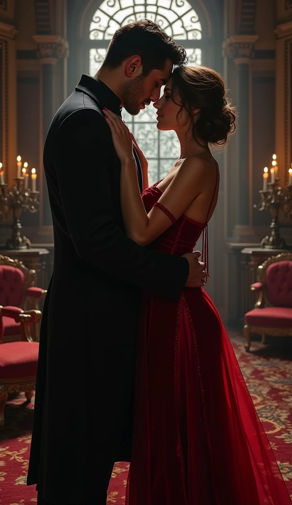 In a dimly lit, opulent chamber within the dark fantasy palace, Lady Seraphina d'Aurelis and Kael Valaran share an intimate moment. Seraphina, clad in a revealing, sexually attractive nightgown in red velvet color that accentuates her seductive and commanding presence