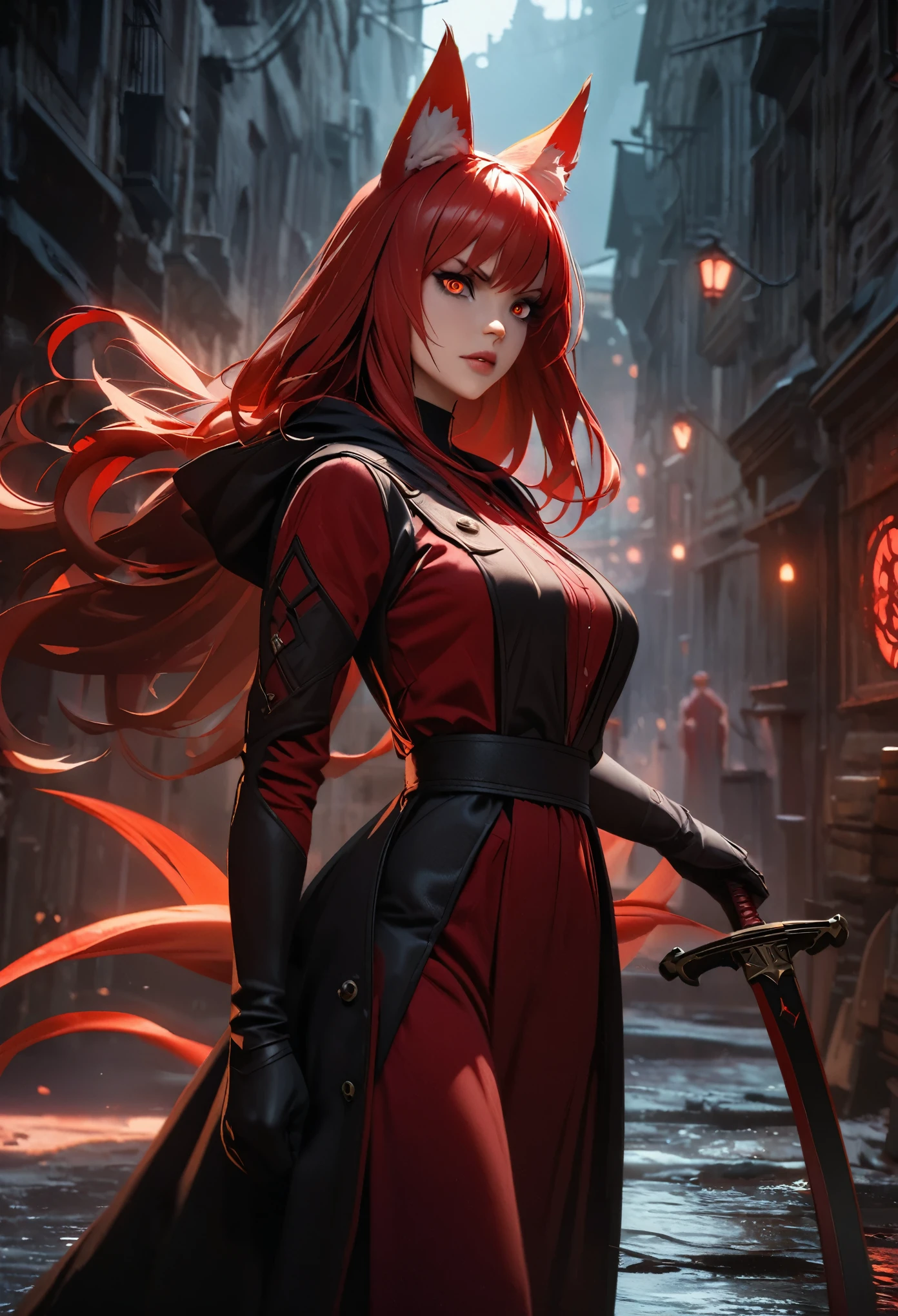 "A 1 with nine tails on her back and fox ears, wearing a modest red dress that flows elegantly and a black overcoat. She has red hair, a serious and determined expression, and is holding a sword in one hand. A black hooded figure stands nearby, adding to the mysterious atmosphere. Red energy surrounds her, accentuating her beautiful, detailed eyes and lips. Her face and features are extremely detailed, with a focus on photorealism. The scene is set in a dark, mysterious setting with dimly lit streets and fog, inspired by the style of Van Helsing. The background features cinematic, dramatic lighting with long shadows, creating a moody and thrilling atmosphere. The colors are rich and vibrant, with a dark, moody color palette, and the overall image captures the essence of a fierce and skilled huntress in action, rendered in 8k resolution with ultra-detailed, physically-based rendering."