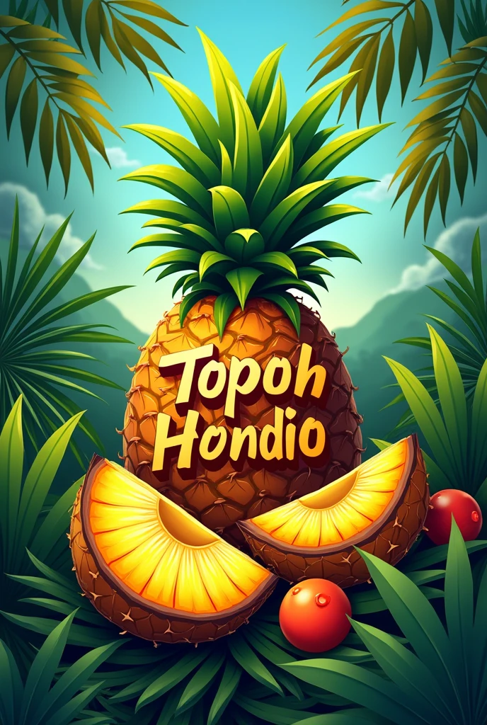 Generate a logo for a company that sells coconut topoyiyos,pineapple and tamarind called topohindio,that the logo says topohindio