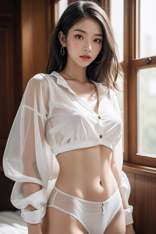Top quality, RAW Photo, Highest Quality Image, 16K, Full body, Age 22, Realistic, Photorealistic, Beautiful Asian woman, Sexy, body, White pale skin, Silver Hair,, dreadlocks hairstyle, Bob Marley hairstyles, Detailed face, Detailed body, Detailed skin, Double eyelids, Big eyes, long eyelashes, bright eyes, green eyes, natural lips, detailed lips, Saggy breasts, Very Small breasts, Flat Breasts, long shape breasts, posing in bedroom studio, sunny day light, wearing white see through crop top with all buttons are unbuttoned, no bra, Has Tattoo on the top of rhe chest