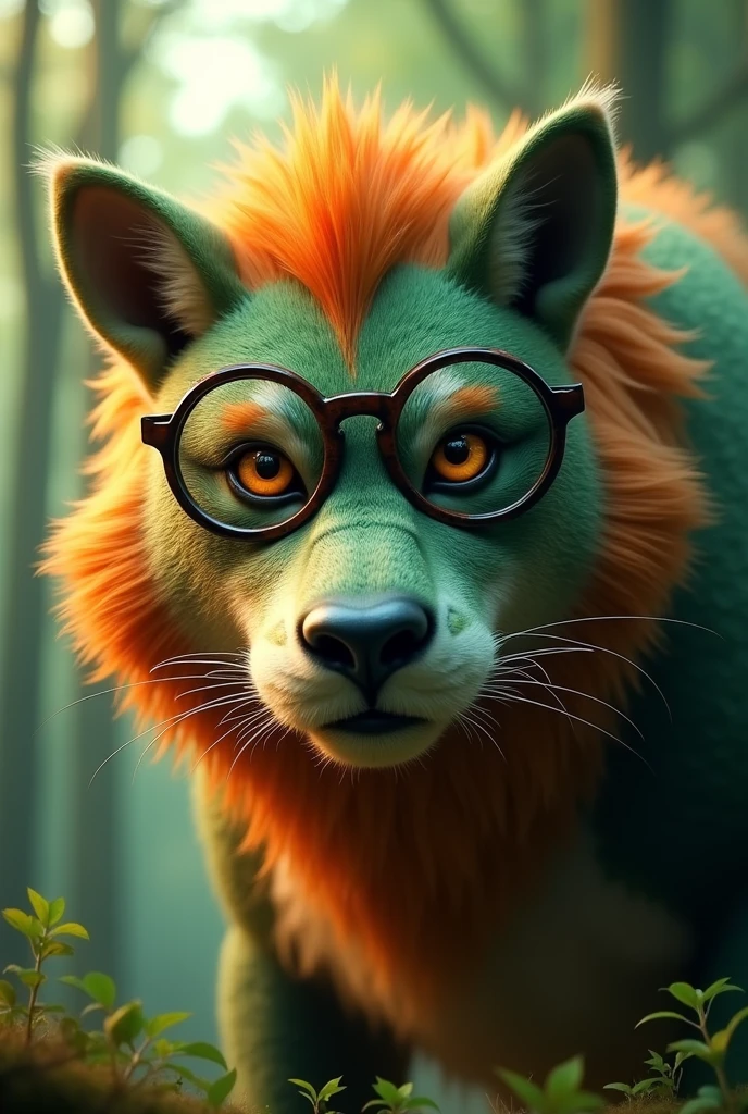 Un animal en gros plan feroce imaginaire orange et vert avec des lunettes qui raconte une histoire dans une foret