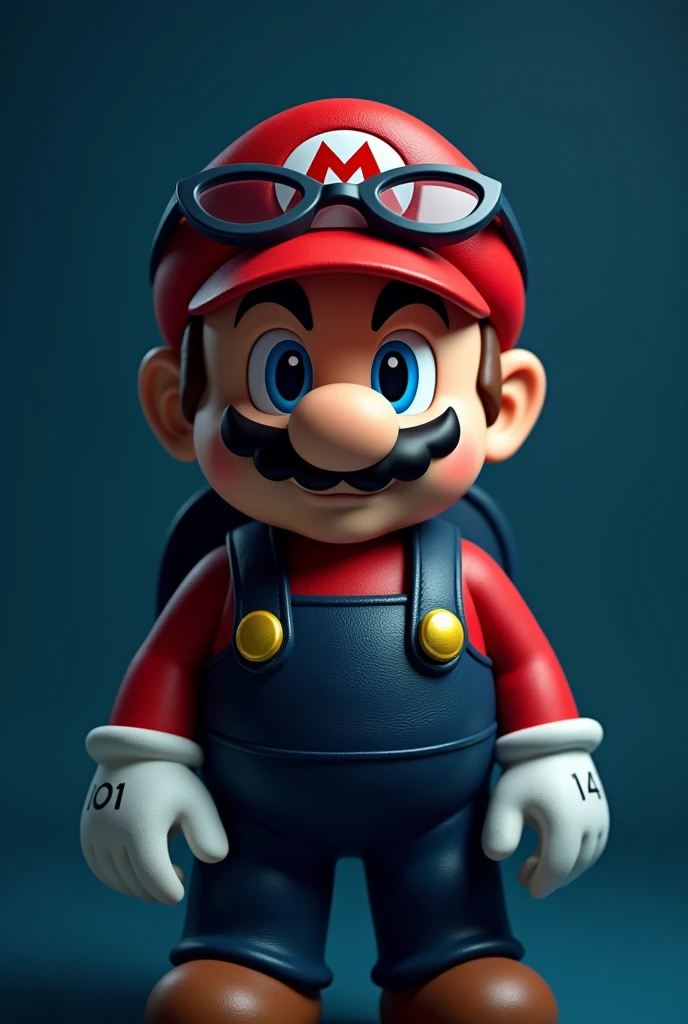 Mario bross baby with leather vest, mustache, transparent lenses, backpack and looking straight ahead with dark blue background 