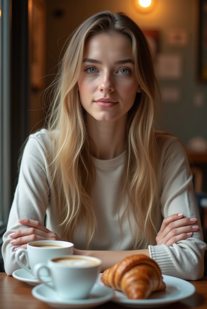 headshot, ukrainian girl, sitting at a café with beautiful smiling girl, on table two cup of coffee and a French croissant., BREAK dress, hands on table, BREAK makeup, long straight hair, pale skin, fair skin, white skin, BREAK AS-Adult