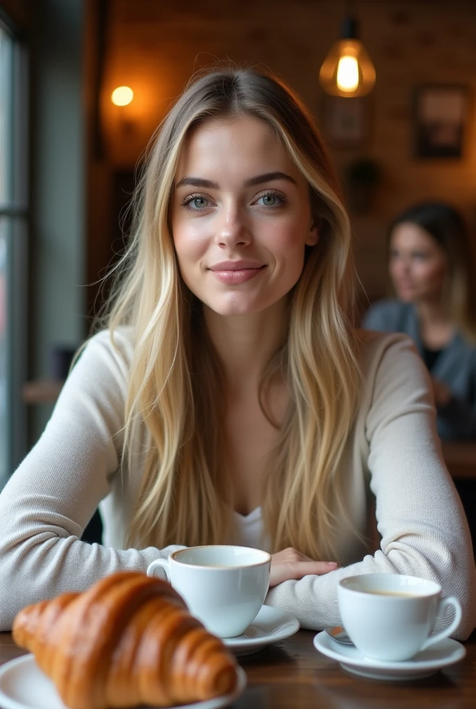 headshot, ukrainian girl, sitting at a café with beautiful smiling girl, on table two cup of coffee and a French croissant., BREAK dress, hands on table, BREAK makeup, long straight hair, pale skin, fair skin, white skin, BREAK AS-Adult
