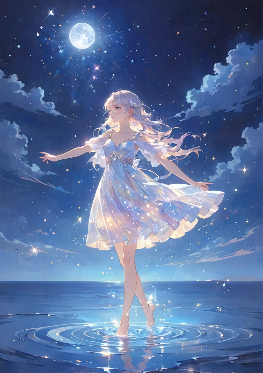 A girl standing alone under the starry night sky, with her silhouette illuminated by the soft moonlight and twinkling stars. Her face is beautifully detailed, with mesmerizing eyes that seem to reflect the universe itself, long and fluttering eyelashes, and exquisitely defined lips. She is dressed in an elegant gown, flowing and ethereal, embracing her figure gracefully as it glimmers with a subtle celestial glow. The intricate details of her dress catch the faint starlight, creating a mesmerizing sparkle. The surrounding landscape showcases a serene ocean. The air is filled with a gentle breeze, causing the fabric to sway delicately. The is bathed in a warm, dreamy color palette, with hues of deep blues, purples, and hints of silver. The atmosphere is calm and tranquil, evoking a sense of peace and serenity. The artwork is of the highest quality, meticulously created with ultra-detailed brushstrokes and precise attention to every element. The texture and depth of the painting are breathtaking, with a sense of realism and photorealism that captures the awe-inspiring beauty of the night sky. The lighting is soft and diffused, casting a gentle glow over the entire scene, enhancing the magical ambiance. The girl's presence radiates a sense of mystery and wonder, as if she holds a secret connected to the celestial beings above. The overall composition evokes a feeling of timelessness and captures the essence of a StarSign, an artwork that embodies the celestial beauty and inner strength of a girl in harmony with the stars. Barefoot,walking on water