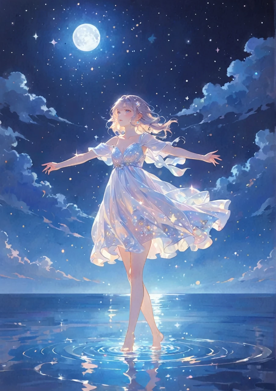 A girl standing alone under the starry night sky, with her silhouette illuminated by the soft moonlight and twinkling stars. Her face is beautifully detailed, with mesmerizing eyes that seem to reflect the universe itself, long and fluttering eyelashes, and exquisitely defined lips. She is dressed in an elegant gown, flowing and ethereal, embracing her figure gracefully as it glimmers with a subtle celestial glow. The intricate details of her dress catch the faint starlight, creating a mesmerizing sparkle. The surrounding landscape showcases a serene ocean. The air is filled with a gentle breeze, causing the fabric to sway delicately. The  is bathed in a warm, dreamy color palette, with hues of deep blues, purples, and hints of silver. The atmosphere is calm and tranquil, evoking a sense of peace and serenity. The artwork is of the highest quality, meticulously created with ultra-detailed brushstrokes and precise attention to every element. The texture and depth of the painting are breathtaking, with a sense of realism and photorealism that captures the awe-inspiring beauty of the night sky. The lighting is soft and diffused, casting a gentle glow over the entire scene, enhancing the magical ambiance. The girl's presence radiates a sense of mystery and wonder, as if she holds a secret connected to the celestial beings above. The overall composition evokes a feeling of timelessness and captures the essence of a StarSign, an artwork that embodies the celestial beauty and inner strength of a girl in harmony with the stars. Barefoot,walking on water