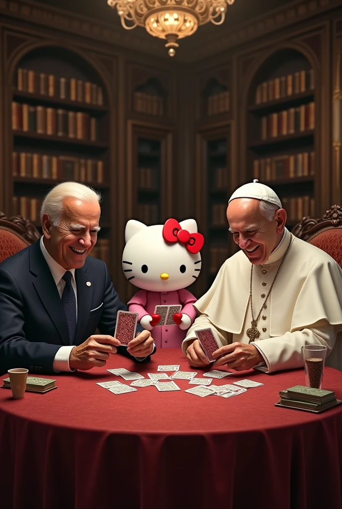 Joe biden, Pope Francis and Hello Kitty at a table playing cards
